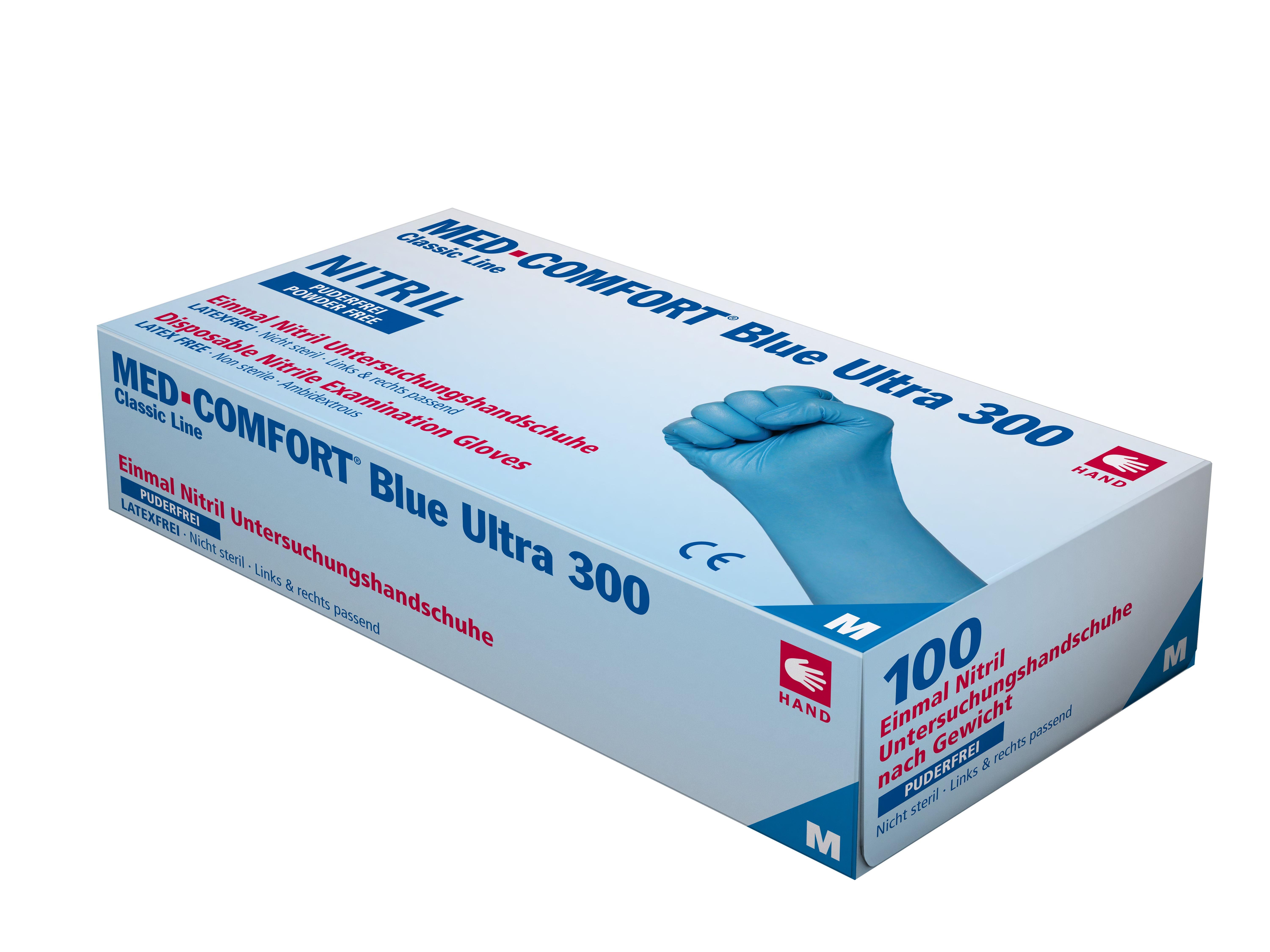 Starker und langer Nitrilhandschuh, blau, Größe M, puderfrei, Med-Comfort blue Ultra 300