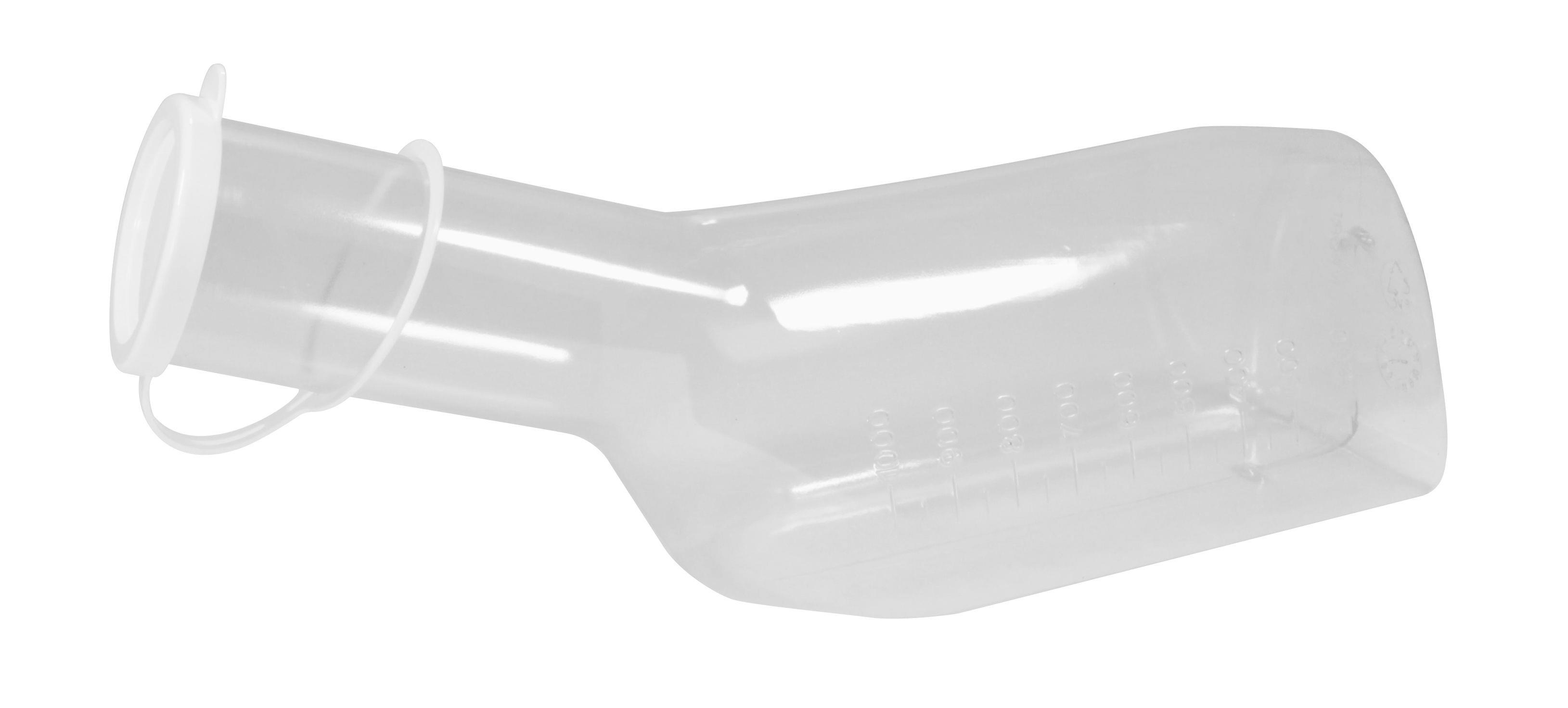 PVC Urinflasche für Männer, graduiert, 1 Liter, Farbe glasklar mit weißem PE Deckel, Top-Comfort