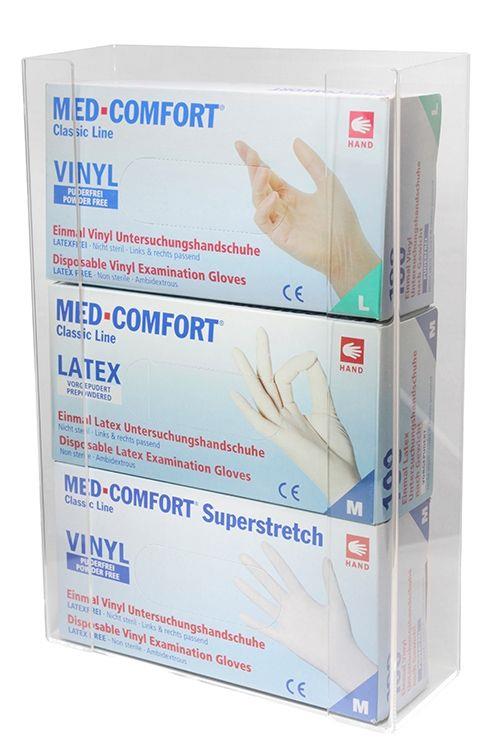 Einmalhandschuh Spender für 3 Boxen, Handschuh-Dispenserhalter TRIO, 258 x 392 x 96 mm, transparent, milchig, Acryl