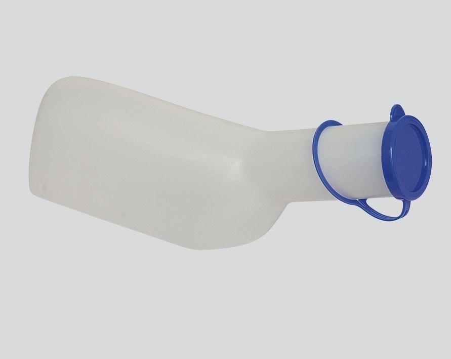 PP Urinflasche für Männer, eckig, Farbe weiß / milchig mit blauem PP Deckel
