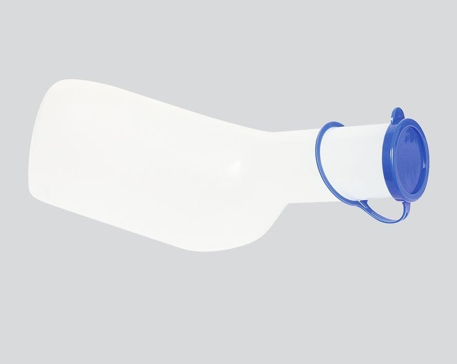 PE Urinflasche für Männer, eckig, Farbe weiß / milchig mit blauem PP Deckel