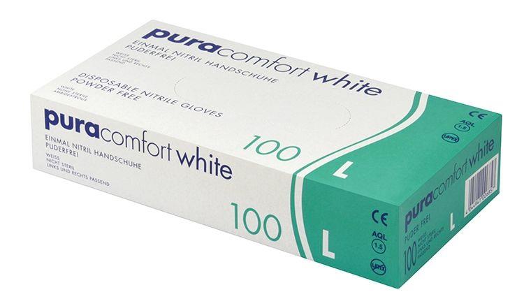 Nitrilhandschuhe, weiß, Größe L, puderfrei, Puracomfort white: Nitril Einmalhandschuhe als Schutzhandschuhe und Untersuchungshandschuhe aus Nitril kaufen.